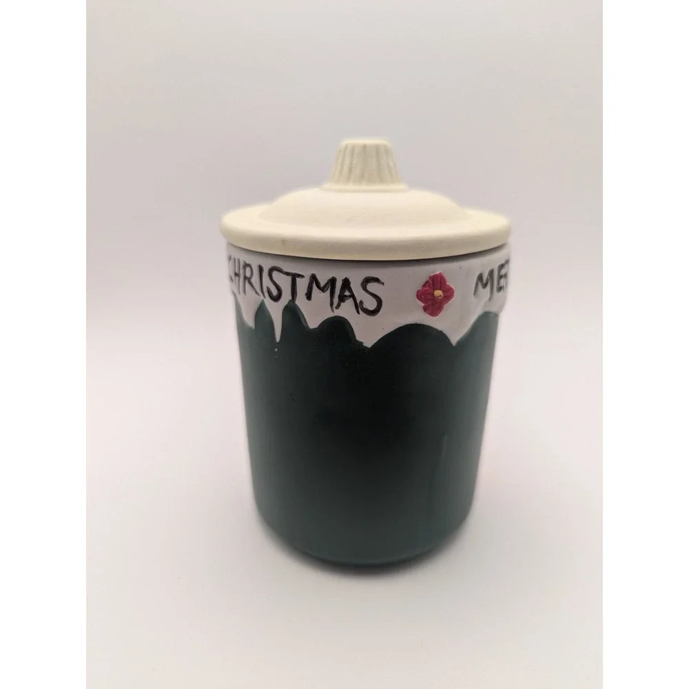 Vtg Christmas Dolgencorp Santa Candle Green Ceramic Jar with Lid Merry Christmas